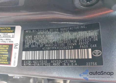 2014 Toyota Camry Le из США, поврежденный, VIN 4T1BF1FKXEU392289